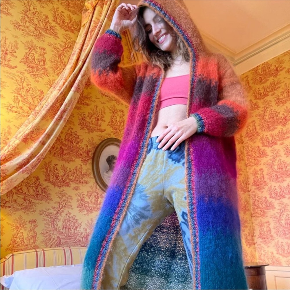 Rose Carmine Strong Mohair Stripes Coat/Cardigan Medium Hooded Belted